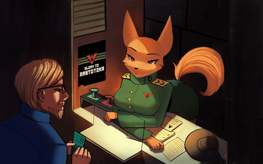 anthro arm_under_breasts beard big_breasts black_nose blonde_beard blonde_facial_hair blonde_hair blue_clothing breast_rest breasts clothing duo eyelashes eyewear facial_hair female fur glasses green_clothing green_uniform hair leaning_on_table male military_uniform orange_body orange_fur poster red_eyes tan_body tan_skin uniform wide_hips delta_hronum papers_please canid canine fox human mammal hi_res