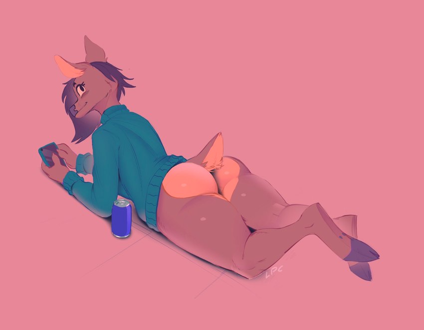 ambiguous_gender anthro beverage_can biped blue_clothing blue_sweater blue_topwear bottomless brown_body butt clothed clothing electronics holding_object hooves lying on_front phone pink_background simple_background smile solo sweater topwear thelordp_chan delilah_(thelordp_chan) deer mammal 2021 digital_media_(artwork) hi_res shaded