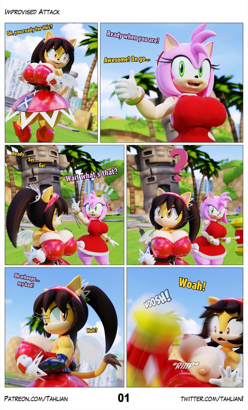 accessory anthro big_breasts breasts clothing dialogue distraction duo female fight gesture hand_gesture headband motion_blur nipples piko_piko_hammer pointing question_mark sound_effects text thick_thighs torn_clothing wide_hips tahlian sega sonic_the_fighters sonic_the_hedgehog_(series) amy_rose honey_the_cat domestic_cat eulipotyphlan felid feline felis hedgehog mammal 3d_(artwork) absurd_res blender_(artwork) comic digital_media_(artwork) english_text hi_res url