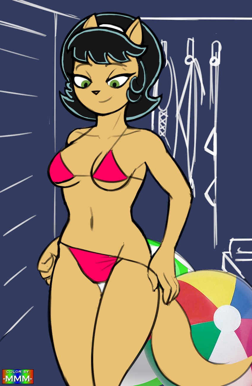 anthro ball beach_ball bikini black_hair breasts clothed clothing female fur green_eyes hair inflatable solo standing swimwear tan_body tan_fur two-piece_swimsuit marmelmm zambs nickelodeon t.u.f.f._puppy kitty_katswell domestic_cat felid feline felis mammal 2021 digital_drawing_(artwork) digital_media_(artwork) hi_res signature