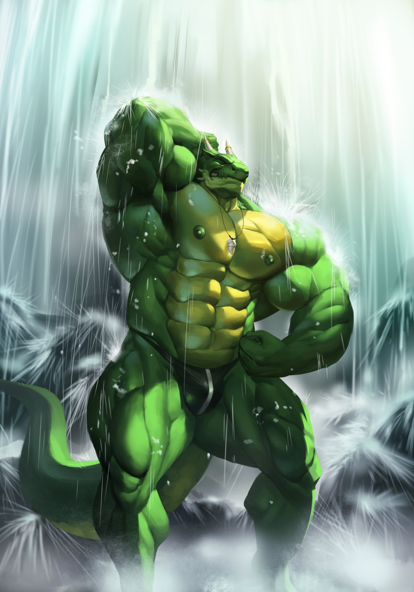 abs anthro big_muscles black_clothing black_underwear bulge clothed clothing green_body green_nipples hand_behind_head huge_muscles male muscular muscular_anthro muscular_arms muscular_legs muscular_male nipples non-mammal_nipples solo standing tail topless topless_male underwear underwear_only waterfall echin european_mythology mythology ragner dragon mythological_creature mythological_scalie scalie western_dragon 2020 absurd_res hi_res