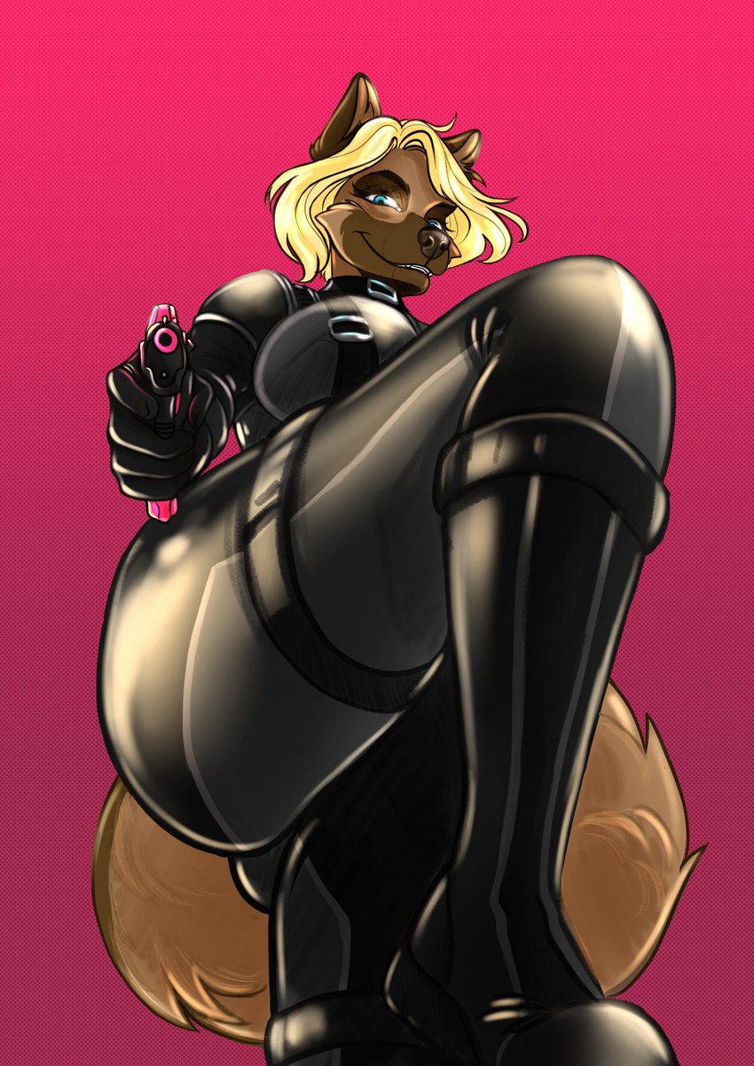 5_fingers aiming_at_viewer anthro big_breasts black_latex blonde_hair boots breasts brown_body brown_fur clothing eyewear female fingers footwear fur glistening glistening_latex grin gun hair handgun holding_gun holding_handgun holding_object holding_pistol holding_ranged_weapon holding_weapon latex latex_clothing latex_skinsuit looking_at_viewer pink_background pistol ranged_weapon rubber_clothing shoes simple_background skinsuit smile solo stepping_on_viewer thick_thighs tight_clothing weapon cinnameana dora_schutzhund canid canine canis domestic_dog german_shepherd herding_dog mammal pastoral_dog 2023 hi_res