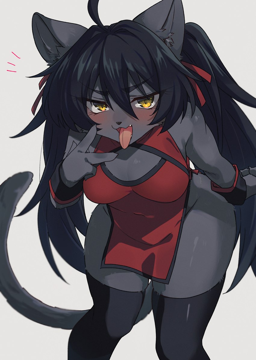 ahoge anthro asian_clothing biped black_body black_fur black_hair blush breasts chinese_clothing chinese_dress cleavage cleavage_cutout clothed clothing cutout dress east_asian_clothing female female_anthro front_view fur hair hair_between_eyes kemono leaning leaning_forward legwear long_hair looking_at_viewer navel_outline open_mouth pigtails simple_background solo standing stockings tongue tongue_out yellow_eyes sgsix domestic_cat felid feline felis mammal 2021 hi_res portrait three-quarter_portrait