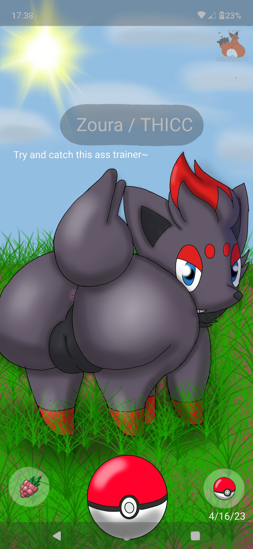 anus balls butt dark feral genitals male phone_screen pokeball solo thick_thighs thedarkringedfox nintendo pokemon pokemon_go canid canine fox generation_5_pokemon mammal pokemon_(species) zorua hi_res