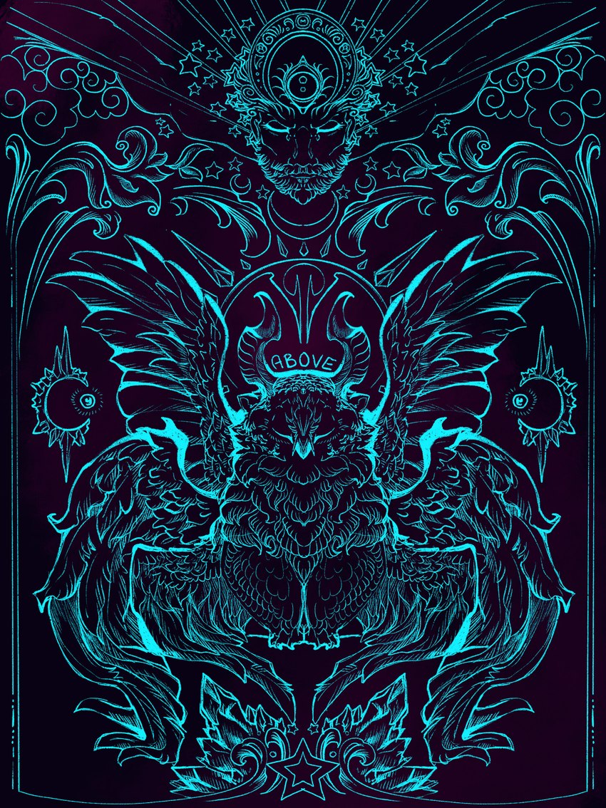 beard black_and_teal crescent_(shape) enchantment facial_hair feathered_wings feathers horn magic magic_user spell star_(shape) teal_line_art text wings witch saberlinsla avian human mammal illustration absurd_res colored_line_art english_text hi_res line_art monochrome