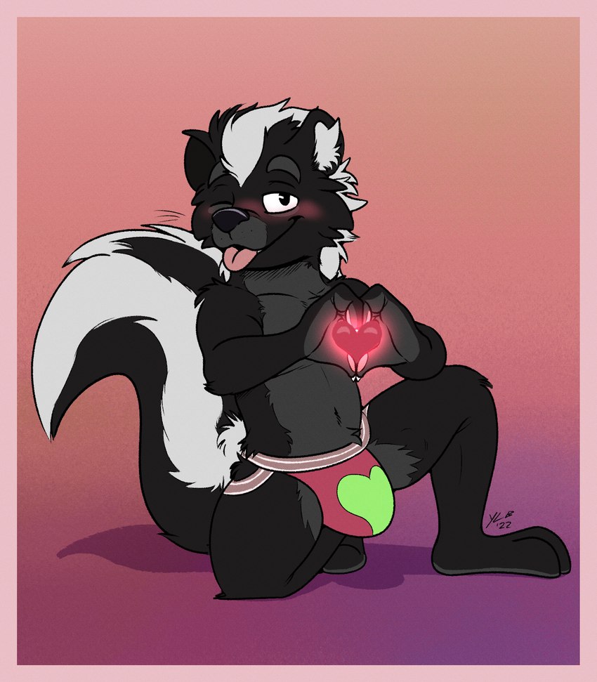 anthro blep blush clothing fluffy fluffy_tail fur heart_symbol jockstrap looking_at_viewer male pink_clothing pink_jockstrap pink_underwear simple_background smile solo tail tongue tongue_out underwear yellowluster korin_(sirhades123) mammal mephitid skunk 2022 digital_media_(artwork) hi_res