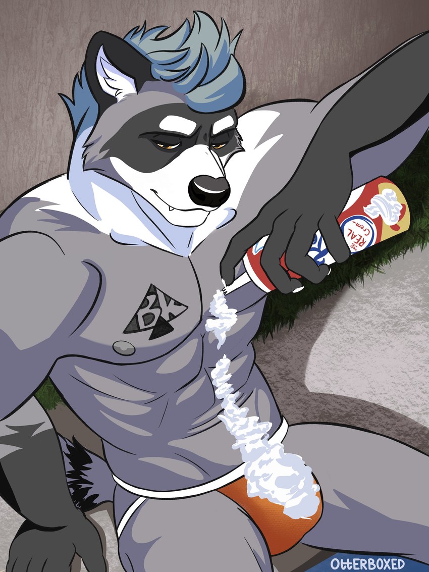 abs anthro bulge clothing cream_(food) dairy_products food food_fetish food_play hair high-angle_view holding_object jockstrap male muscular muscular_anthro muscular_male narrowed_eyes nipples pecs sitting solo tattoo underwear whipped_cream otterboxed brandon_(rxccoon) mammal procyonid raccoon 2021 3:4 absurd_res artist_name hi_res