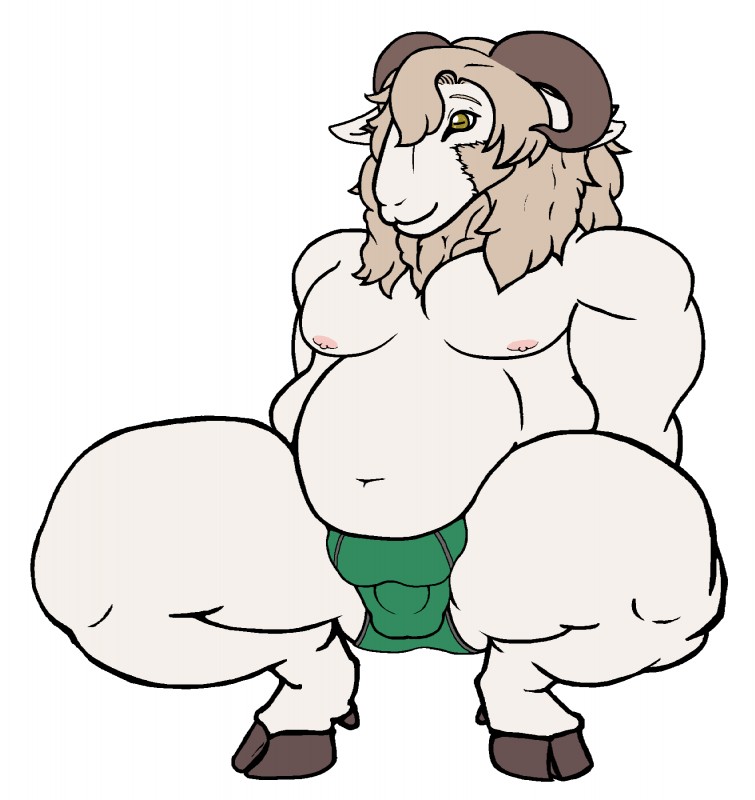 anthro bulge clothed clothing crouching hair horn male nipples overweight overweight_anthro overweight_male simple_background smile solo spreading swimming_trunks swimwear thick_thighs topless wide_hips b-dorai bovid caprine domestic_sheep hair_sheep mammal sheep wiltshire_horn 2015 hi_res