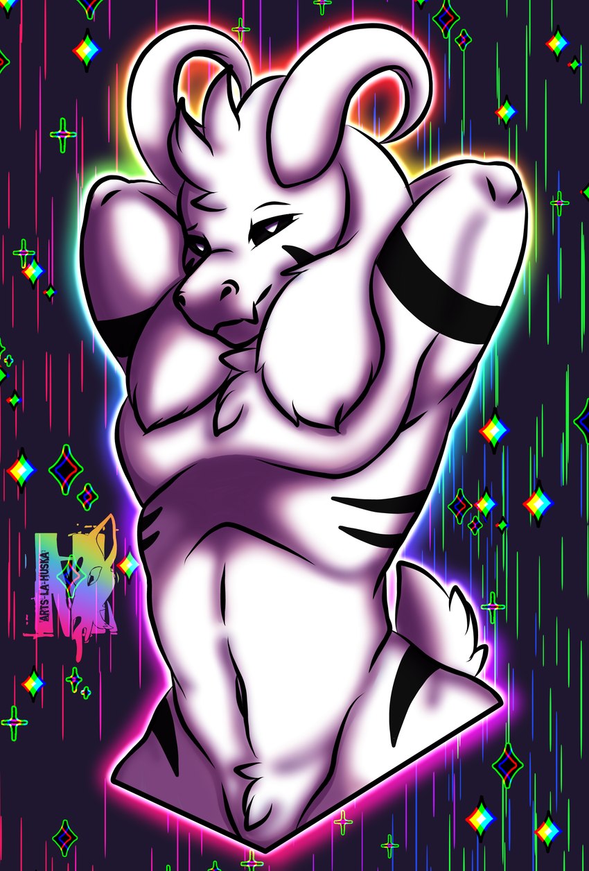 abstract_background anthro black_markings black_sclera black_stripes fur fur_markings hands_behind_head horn looking_at_viewer male markings navel raised_arms scut_tail short_tail smile solo stripes tail white_body white_eyes white_fur white_horn arts-la-huska undertale undertale_(series) asriel_dreemurr asriel_dreemurr_(god_form) digital_drawing_(artwork) digital_media_(artwork) half-length_portrait hi_res portrait shaded soft_shading watermark