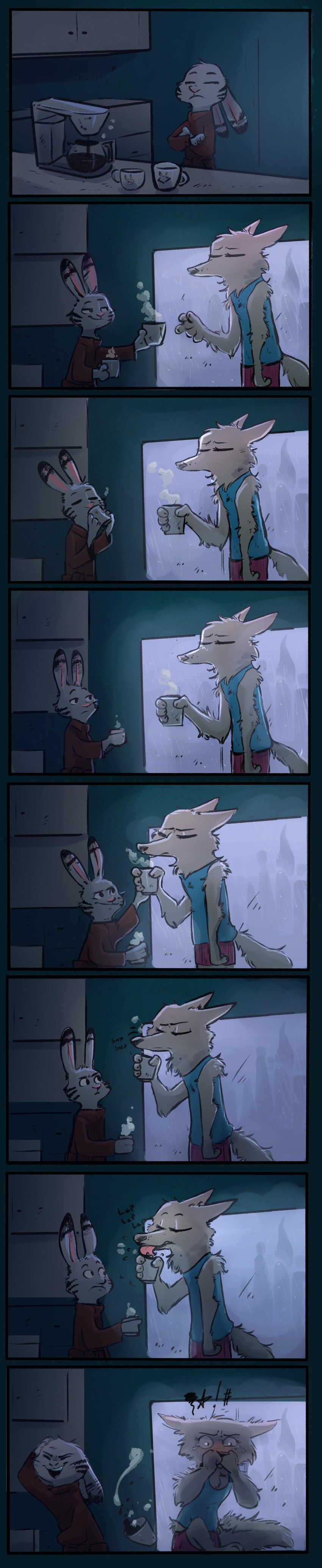 anthro beverage bodily_fluids burn clothed clothing coffee coffee_mug container cup duo ear_markings facial_markings female head_markings humor inside lapping male markings morning raining sound_effects steam tears text tongue window ahappypichu-mod rockbottomfeeder disney zootopia jack_savage skye_(zootopia) arctic_fox canid canine fox lagomorph leporid mammal rabbit true_fox 2017 absurd_res artist_collaboration comic english_text hi_res long_image tall_image