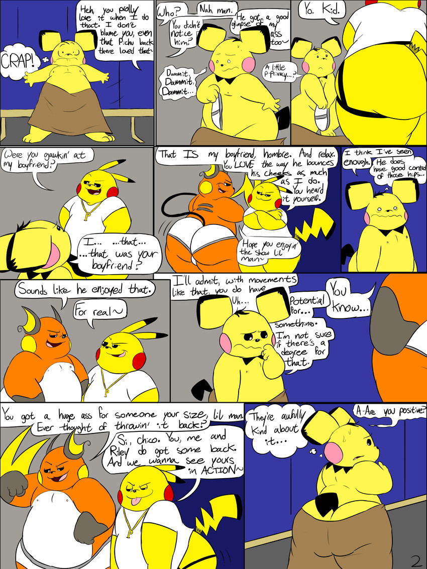 anthro belly bench big_butt black_clothing black_ear_tips black_jockstrap black_markings black_sclera black_tail black_tail_tip black_underwear bodily_fluids brown_ear_tips brown_markings butt butt_focus clothed clothing compliment covering covering_crotch dialogue dipstick_ears dipstick_tail ear_markings group holding_clothing holding_object holding_underwear jewelry jockstrap locker locker_bench locker_room looking_at_butt male male/male markings mostly_nude motion_lines multicolored_ears necklace nipples nude open_mouth orange_body page_number pink_cheeks rear_view red_cheeks secretly_loves_it shaking_butt shirt simple_background simple_eyes speech_bubble sweat sweatdrop tail tail_markings teasing text thick_thighs thought_bubble tongue tongue_out topless topwear towel towel_around_waist towel_drop towel_only trio underwear underwear_only white_belly white_clothing white_eyes white_shirt white_topwear wide_hips yellow_body yellow_cheeks yellow_ears yellow_tail yellow_tail_tip chonkymouse nintendo pokemon pace_(blastoiseanimator) pedro_(blastoiseanimator) riley_(blastoiseanimator) generation_1_pokemon generation_2_pokemon pichu pikachu pokemon_(species) raichu 2023 3:4 absurd_res colored comic digital_media_(artwork) english_description english_text flat_colors hi_res