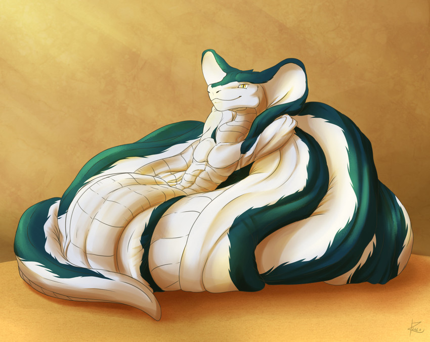 apode coiled_up green_body hands_behind_head legless lying lying_on_self male nude orange_background relaxing serpentine simple_background snake_hood solo white_body yellow_eyes zarakon zarakon_(character) draconcopode naga reptile scalie snake 2020