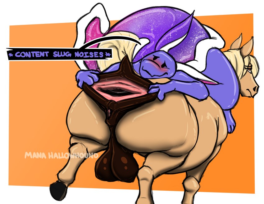 anus balls big_anus big_balls blush duo female feral gaping gaping_anus genitals herm hooves huge_anus hyper hyper_anus intersex intersex/female puffy_anus raised_leg raised_tail spread_anus spreading tail manahallowhound mana_(manahallowhound) equid equine gastropod horse mammal mollusk slug absurd_res hi_res