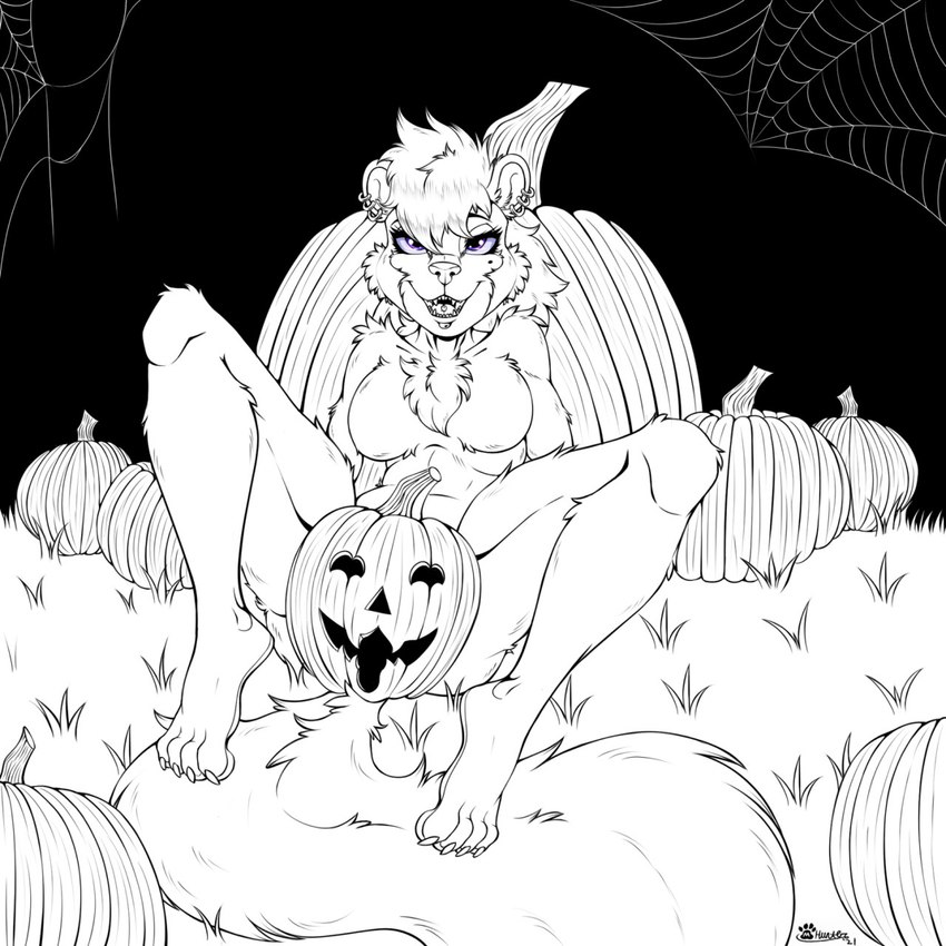 anthro breasts chest_tuft chin_piercing claws covering covering_crotch ear_piercing ear_ring facial_piercing fangs featureless_breasts female food fruit grass half-closed_eyes holidays jack-o'-lantern leaning leaning_backward lip_piercing looking_at_viewer narrowed_eyes nude open_mouth piercing plant pumpkin ring_piercing sitting smile smiling_at_viewer solo spider_web spread_legs spreading tail tail_between_legs teeth toe_claws tongue tongue_piercing tuft marcushunter halloween brianna_jackson mammal mephitid skunk 1:1 2021 hi_res signature