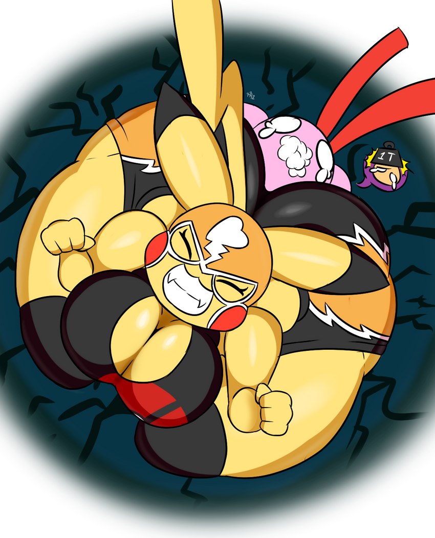 ambiguous_gender anthro big_breasts big_butt bird's-eye_view breasts butt cleavage clothed clothing cosplay_pikachu_(costume) curvy_figure dominant dominant_female duo eyes_closed female fight high-angle_view huge_butt hyper hyper_butt larger_female mask pain pinned size_difference skimpy smaller_ambiguous smile thick_thighs voluptuous wide_hips kirbot12 kirby_(series) nintendo pokemon fighter_kirby kirby pikachu_libre generation_1_pokemon mammal pikachu pokemon_(species) waddling_head 2018 hi_res pictographics