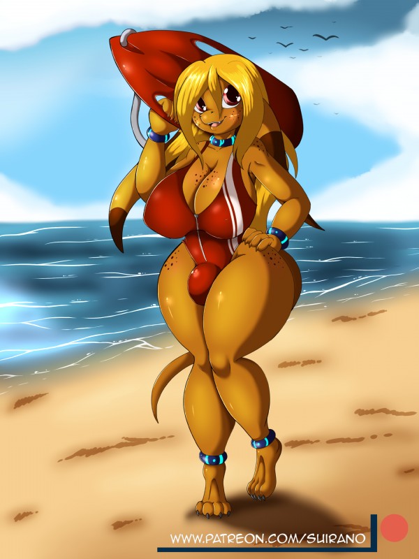 4_toes anthro beach big_breasts blonde_hair breasts bulge claws cleavage clothed clothing feet freckles gynomorph hair hand_on_hip intersex long_hair looking_at_viewer non-mammal_breasts one-piece_swimsuit outside seaside solo swimwear text toe_claws toes water conditional_dnp suirano allin scalie 2018 3:4 absurd_res digital_media_(artwork) hi_res url