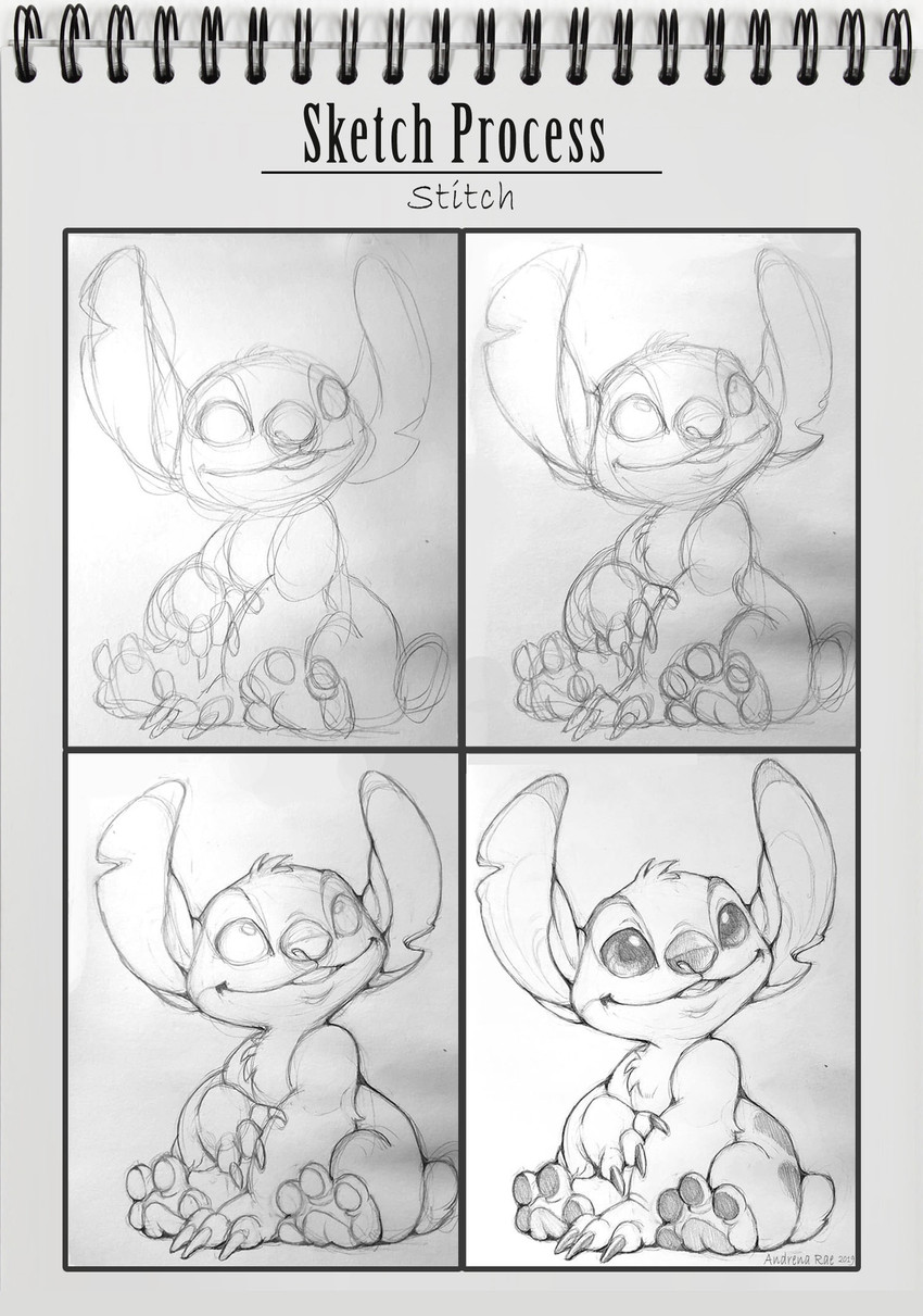 4_toes art_progression art_time-lapse back_markings chest_tuft claws feet fur head_tuft looking_away markings no_sclera notched_ear open_mouth open_smile simple_background sitting smile solo text toes tuft andrena_rae disney lilo_and_stitch stitch_(lilo_and_stitch) alien experiment_(lilo_and_stitch) 2019 english_text greyscale hi_res monochrome sketch