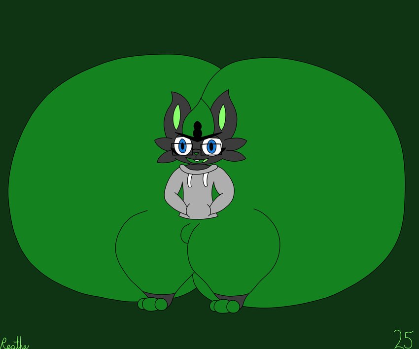 anthro big_butt black_eyewear black_glasses blue_eyes bottomwear buckteeth bulge butt clothing eyewear glasses green_background green_bottomwear green_clothing green_inner_ear green_leggings green_legwear green_mouth green_nose green_pants green_tongue grey_body grey_clothing grey_ears grey_hoodie grey_topwear hand_in_pocket hoodie huge_butt huge_thighs hyper hyper_butt leggings legwear male open_mouth open_smile pants pockets simple_background smile solo teeth thick_thighs three-quarter_view tight_clothing tongue topwear reathe nintendo pokemon reathe_(character) cinderace generation_8_pokemon lagomorph leporid mammal pokemon_(species) rabbit 2025 6:5 absurd_res colored digital_media_(artwork) flat_colors hi_res signature