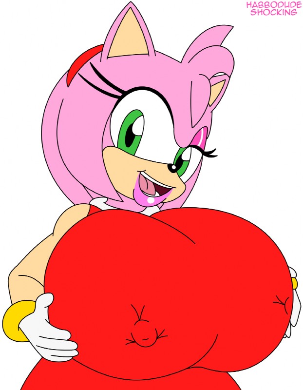 anthro big_breasts biped breasts erect_nipples female huge_breasts nipple_outline nipples presenting presenting_breasts solo text habbodude shocking_(artist) sega sonic_the_hedgehog_(series) amy_rose eulipotyphlan hedgehog mammal 2016 digital_media_(artwork) english_text half-length_portrait hi_res portrait