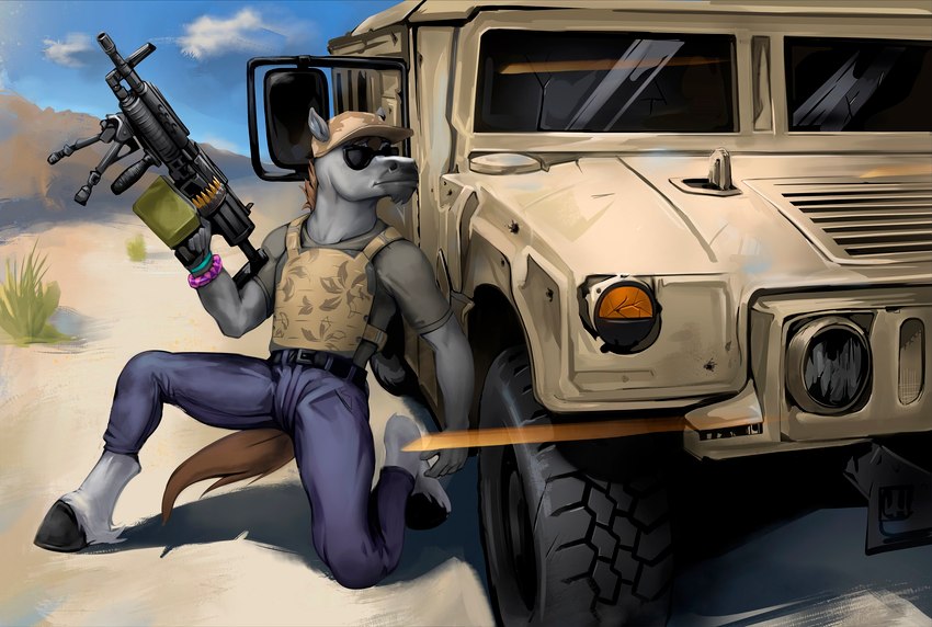 ammo_belt anthro armor belt bipod body_armor bracelet bullet clothed clothing cloud cracked_glass desert detailed_background eyewear facial_hair fluffy foregrip glass goatee grass gun hair hat headgear headwear holding_object holding_weapon hooves jewelry kneeling m249 machine_gun male mane military mirror mountain outside plant ranged_weapon shirt sky solo sunglasses tire topwear war weapon thepimpartist humvee equid equine horse mammal 2020 hi_res traditional_media_(artwork)