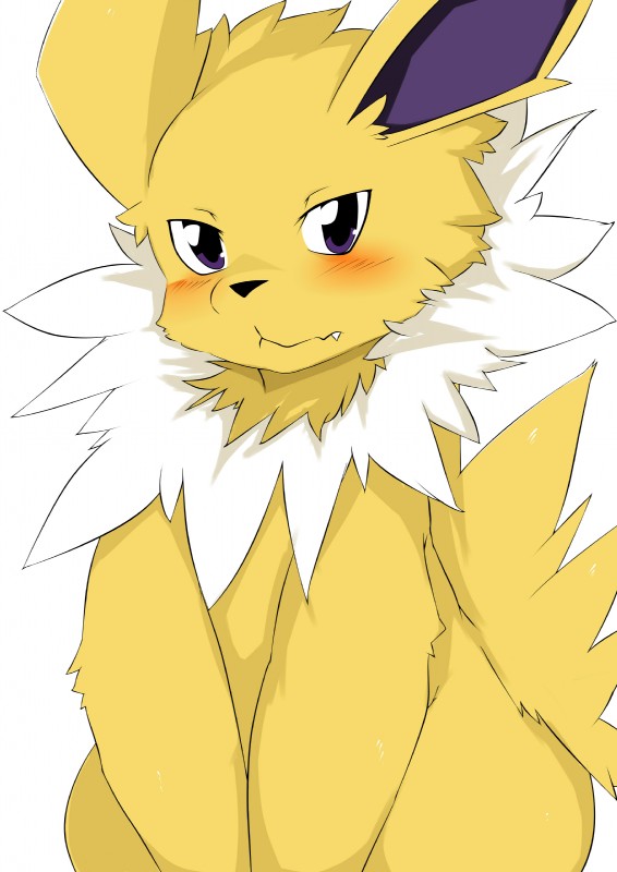 ambiguous_gender anthro anthrofied blush covering covering_crotch covering_self cute_fangs fangs front_view looking_at_viewer nude solo teeth thick_thighs nekonade nintendo pokemon canid canine eeveelution generation_1_pokemon jolteon mammal pokemon_(species) absurd_res half-length_portrait hi_res portrait