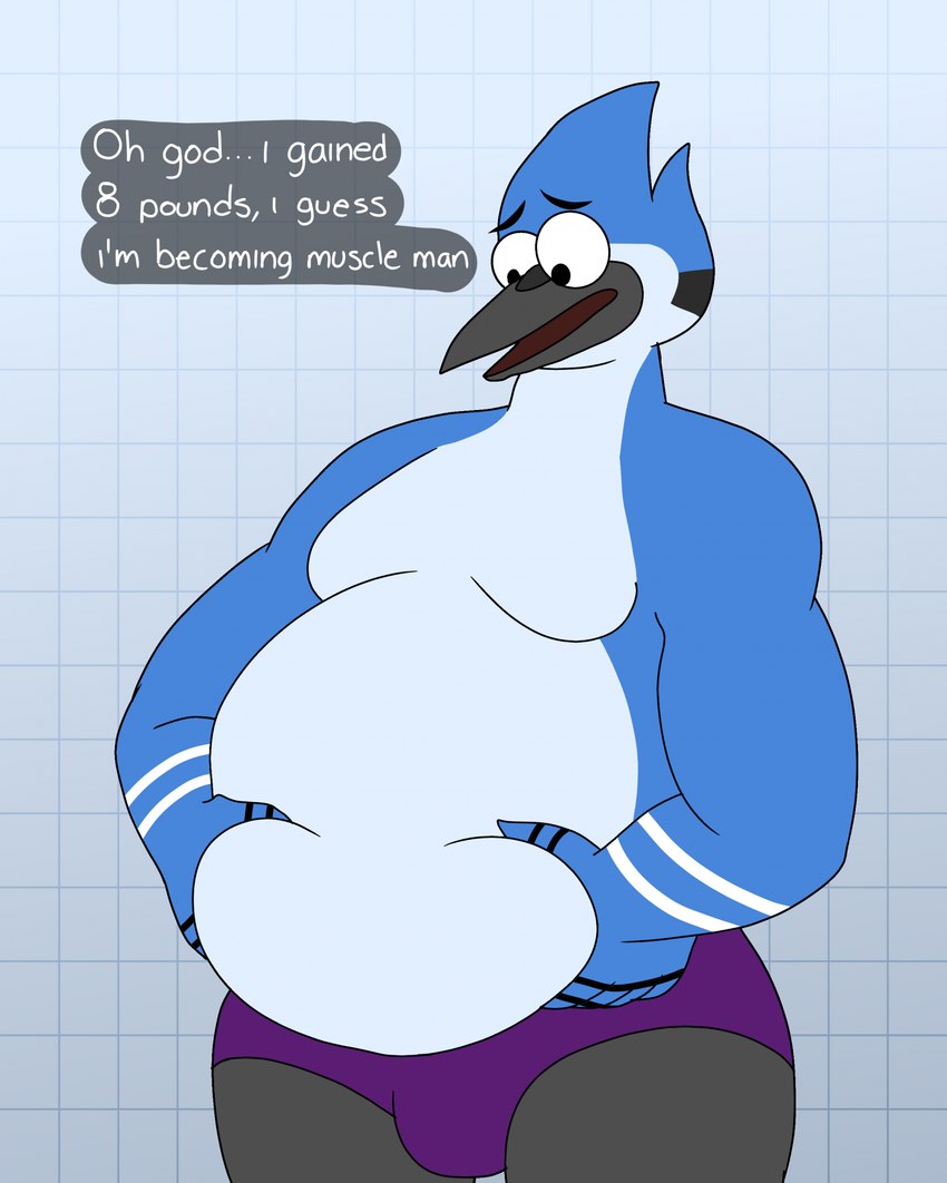 anthro belly_grab clothing dialogue male moobs overweight overweight_male purple_clothing purple_speedo purple_swimwear solo speedo swimwear wolfox90210 cartoon_network regular_show mordecai_(regular_show) avian bird blue_jay corvid jay_(bird) new_world_jay oscine passerine 2025 hi_res