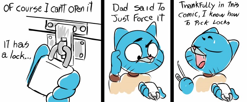 anthro blue_body blue_fur breaking_the_fourth_wall clothed clothing dialogue fur lock lockpick male open_mouth simple_background text young young_anthro fourball cartoon_network the_amazing_world_of_gumball gumball_watterson domestic_cat felid feline felis mammal 2019 comic digital_media_(artwork) english_text hi_res