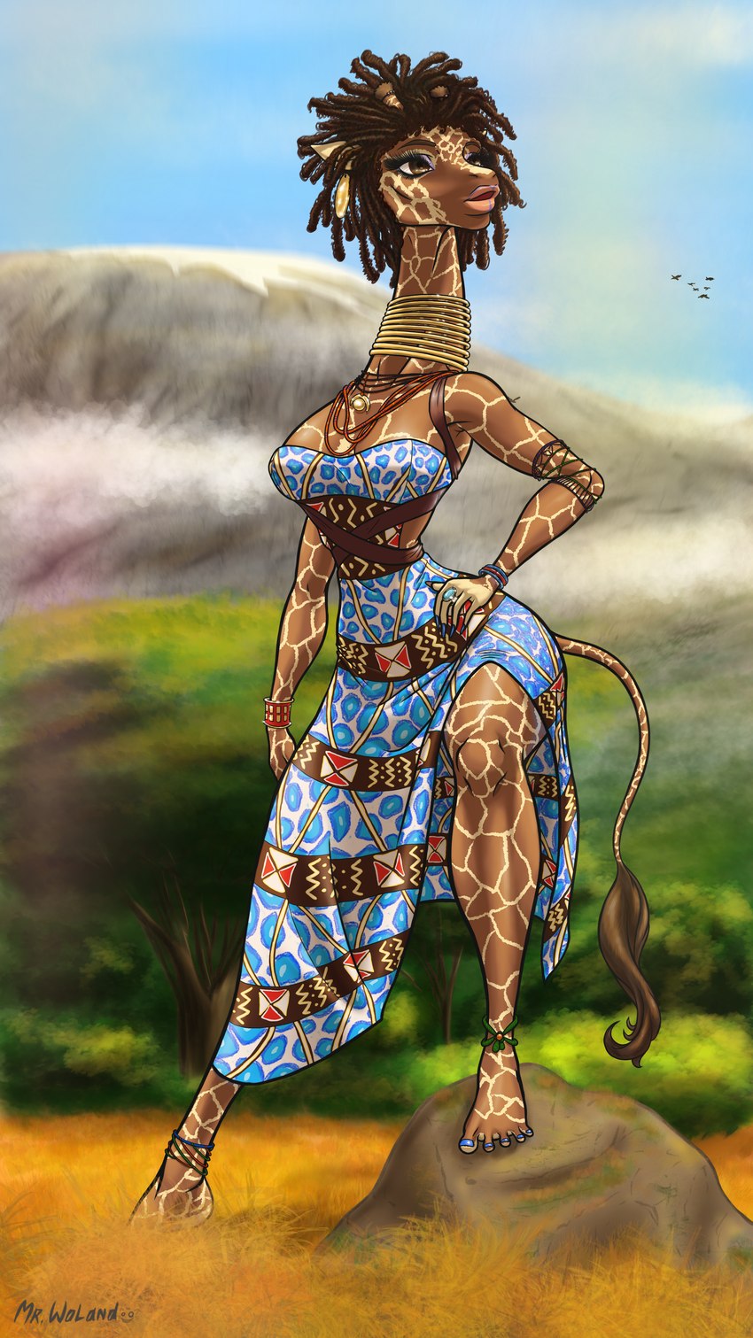 africa anthro blue_nails brown_eyes clothed clothing colored_nails dreadlocks ear_piercing female markings nails neck_ring piercing solo spots spotted_body mr._woland giraffe giraffid mammal 9:16 absurd_res hi_res