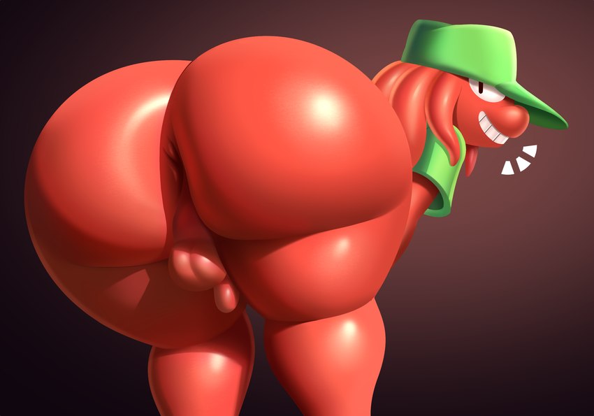 anthro anus balls big_butt bottomless butt clothed clothing genitals grinning_at_viewer hat headgear headwear huge_butt looking_back male penis penis_tuck red_body red_skin shirt simple_background small_penis solo thick_thighs topwear acstlu jubee_(sqoon) alien puwa hi_res