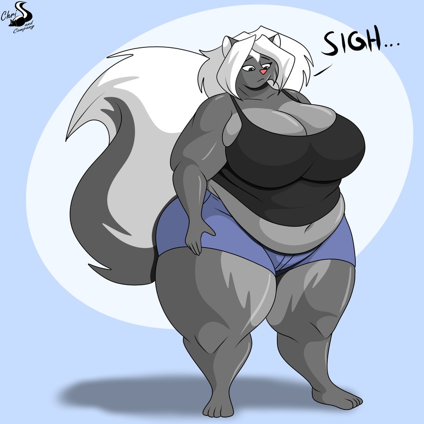 <:( anthro barefoot belly big_belly big_breasts big_tail black_clothing black_shirt black_tank_top black_topwear blue_background bottomwear breasts cheek_tuft cleavage clothed clothing collarbone cutoffs denim denim_bottomwear denim_clothing eyelashes facial_markings facial_tuft feet female forehead_markings frown fur green_eyes grey_body grey_fur hair head_markings huge_breasts hyper looking_at_self looking_down looking_down_at_self markings midriff navel overweight overweight_anthro overweight_female sad shadow shirt shorts sigh simple_background solo tail tank_top text thick_arms thick_thighs topwear tuft white_hair chrisandcompany kelsey_sienna mammal mephitid skunk 1:1 2024 digital_drawing_(artwork) digital_media_(artwork) english_text hi_res watermark