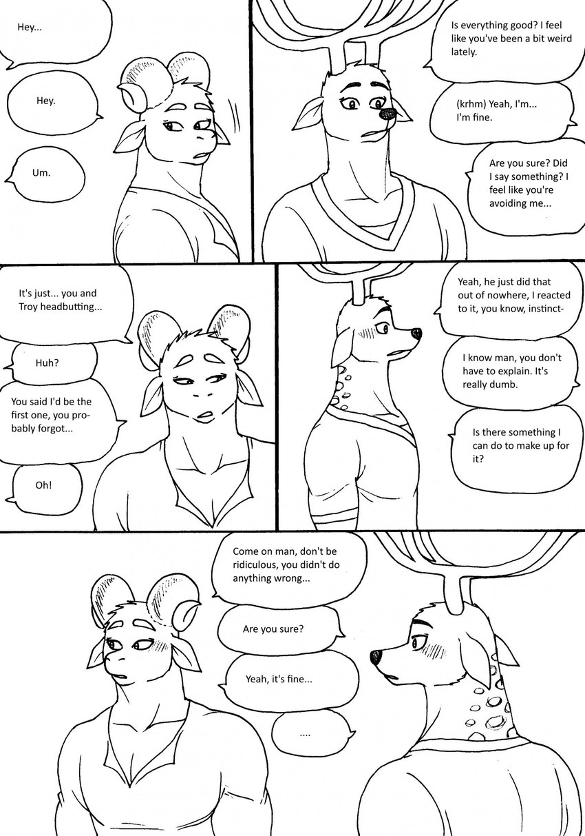 anthro antlers awkward blush clothed clothing dialogue duo fur horn male male/male markings muscular muscular_anthro muscular_male shirt speech_bubble spots spotted_body spotted_fur text topwear bernielover bernielover's_college_au devon_(bernielover) whitney_(bernielover) bovid caprine deer mammal 2023 comic english_text hi_res monochrome