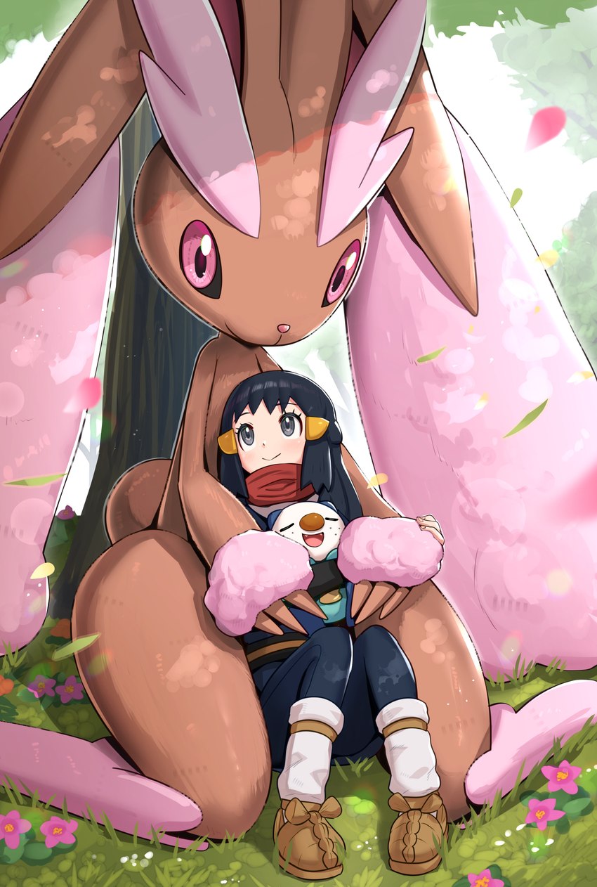 ambiguous_gender anthro blue_eyes brown_body brown_fur eyes_closed female feral fur grass group larger_anthro leaf open_mouth open_smile pink_eyes plant sitting size_difference smaller_human smile tree white_body white_skin gonzarez1938 nintendo pokemon pokemon_legends_arceus akari_(pokemon) alpha_pokemon generation_4_pokemon generation_5_pokemon human lopunny mammal oshawott pokemon_(species) shiny_pokemon hi_res