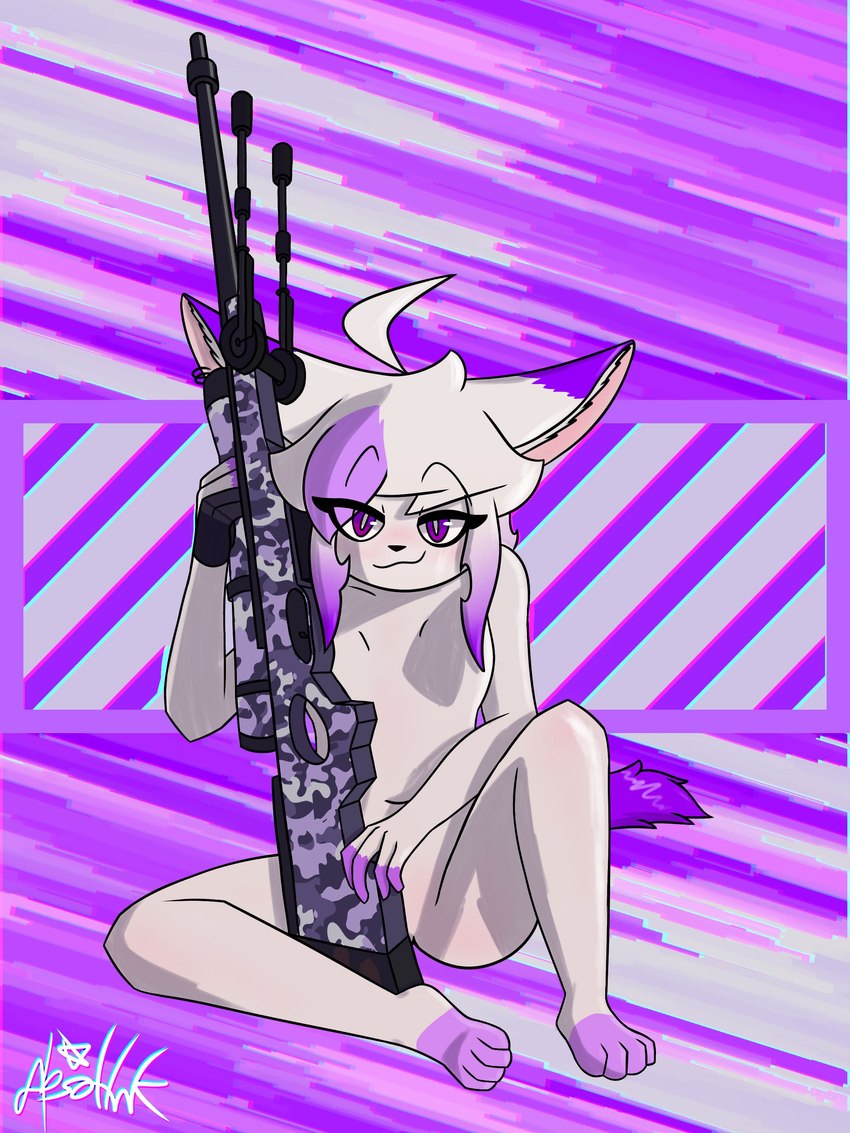 abstract_background anthro big_ears blush breasts clothed clothing dipstick_ears ear_markings ear_piercing featureless_crotch female fur gradient_hair gun hair highlights_(coloring) looking_at_viewer multicolored_ears navel nude paws piercing prosthetic purple_eyes purple_highlights ranged_weapon rifle sitting sitting_on_ground small_breasts smile smiling_at_viewer sniper_rifle solo weapon white_body white_fur white_hair absollnk mercura_(absollnk) canid canine fennec_fox fox mammal true_fox 2023 3:4 absurd_res artist_name digital_drawing_(artwork) digital_media_(artwork) hi_res shaded signature