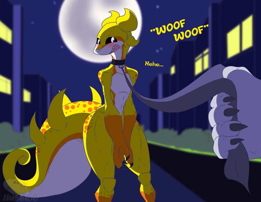 anthro blushing_at_viewer city city_background cityscape claws collar duo fangs femboy first_person_view happy leash leashed_collar leashed_pov light looking_at_viewer male male/male moon moonlight night onomatopoeia smile sound_effects speech_bubble spikes spikes_(anatomy) tail teeth text lucardo_cruz lucardo gecko lizard reptile scalie absurd_res hi_res