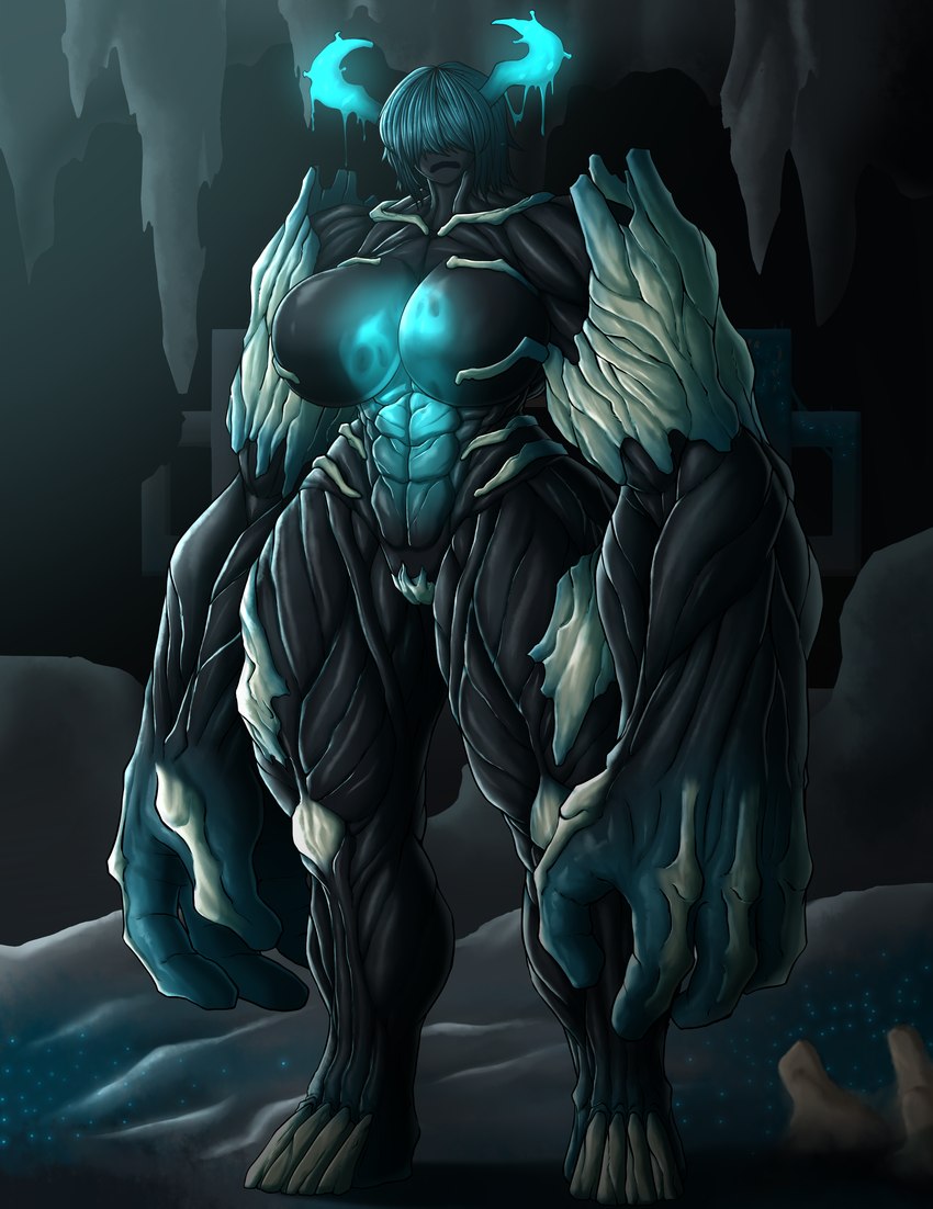 abs big_breasts big_hands black_body blue_body blue_hair blue_horn breasts cave deep_dark_(minecraft) featureless_breasts featureless_crotch female hair hair_over_eyes horn huge_breasts huge_hands muscular muscular_female open_mouth solo stalactite thick_thighs wide_hips da_ra_ra_ra microsoft minecraft mojang xbox_game_studios horned_humanoid humanoid warden_(minecraft) absurd_res hi_res