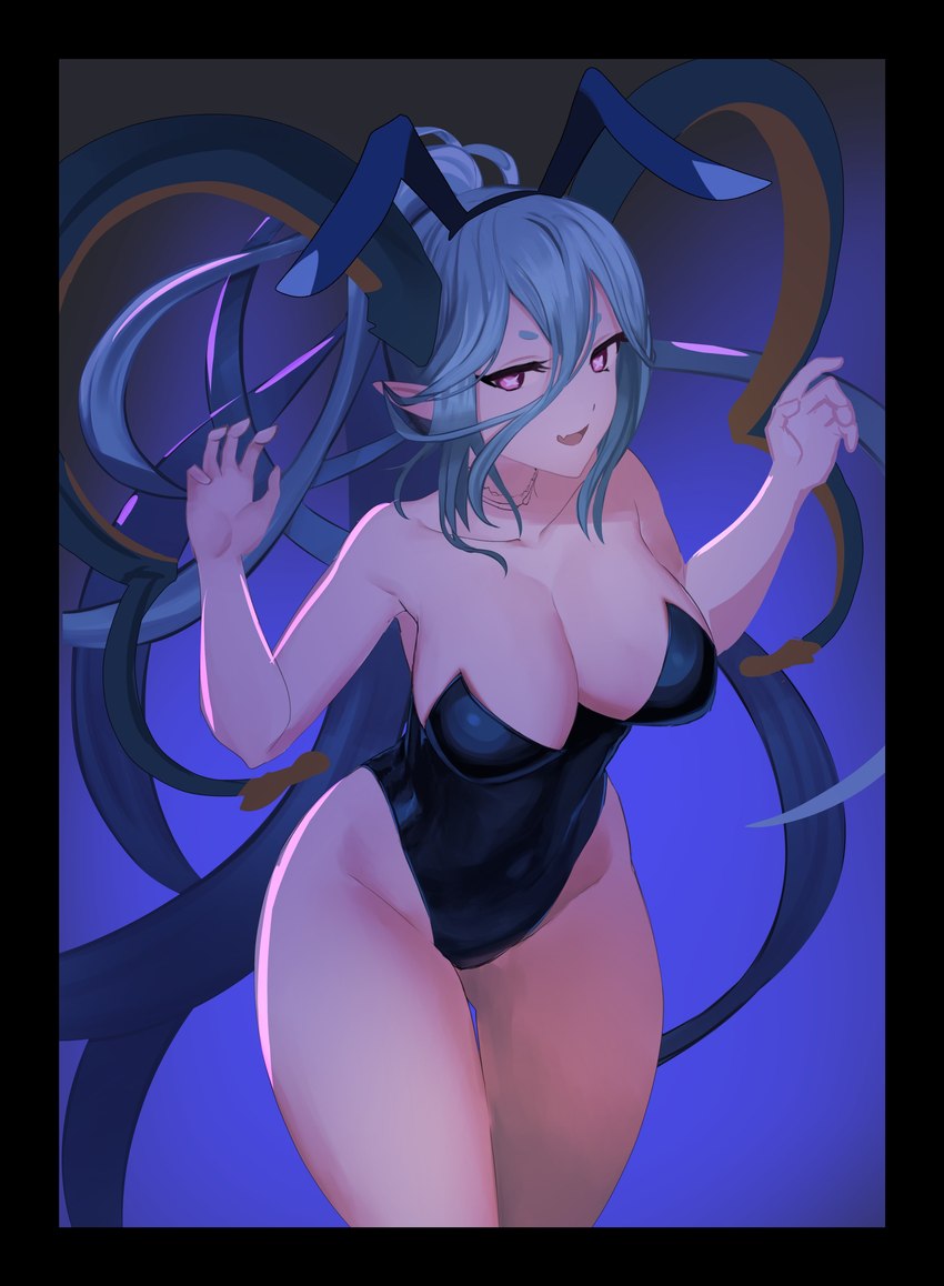 2_horns 5_fingers bent_arm black_border black_clothing black_leotard blue_background blue_eyebrows blue_hair blue_horn border breasts cleavage clothed clothed_female clothed_humanoid clothing collarbone curved_horn eyebrows eyelashes fake_ears fake_rabbit_ears fangs female female_humanoid fingers gradient_background hair horn humanoid_pointy_ears leotard light long_hair long_horn looking_at_viewer pink_eyes pink_tongue pointy_ears ponytail simple_background smile smiling_at_viewer solo standing tan_body tan_breasts tan_skin teeth thick_thighs tongue x_pupils duokhay fate_(series) type-moon tiamat_(fate) deity horned_humanoid humanoid 2024 absurd_res colored digital_drawing_(artwork) digital_media_(artwork) hi_res lighting shaded unfinished