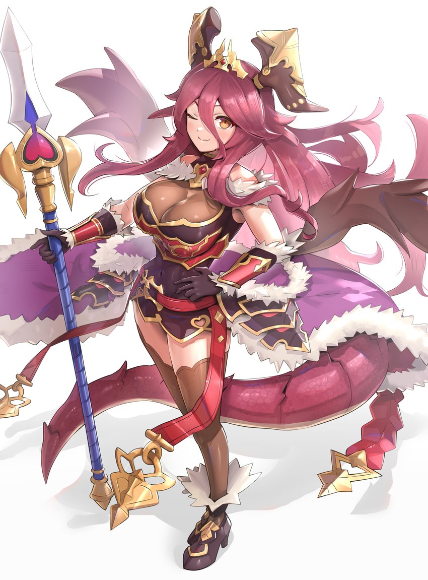 big_breasts blush breasts clothed clothing female looking_at_viewer one_eye_closed solo tail gonzarez1938 cygames dragalia_lost mythology nintendo brunhilda_(dragalia_lost) mym_(dragalia_lost) animal_humanoid dragon dragon_humanoid humanoid mythological_creature mythological_scalie scalie 2022 absurd_res hi_res