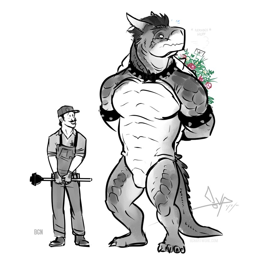 blush bouquet clothing collar duo envelope facial_hair flower flower_bouquet hands_behind_back hat headgear headwear horn male male/male mustache nervous overalls pecs plant plunger shy size_difference smile spiked_collar spikes bgn mario_bros nintendo bowser luigi human koopa mammal scalie 1:1 2020 hi_res