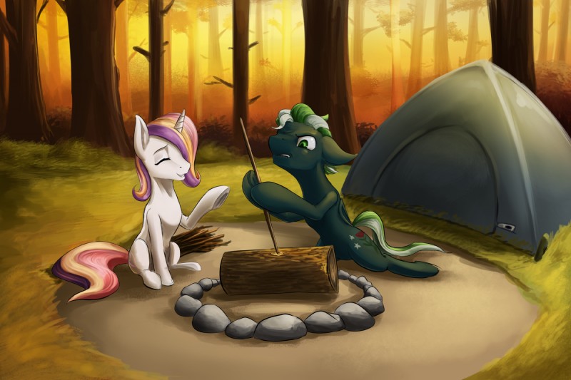 camp duo female horn log male sticks wood d-lowell hasbro my_little_pony mythology ebony_(oc) fan_character bat_pony equid equine mammal mythological_creature mythological_equine unicorn lilly_(disambiguation) 2017 3:2 hi_res