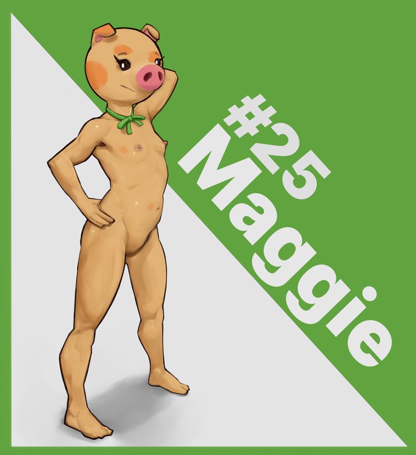 abstract_background anthro areola breasts erect_nipples female hand_behind_head hand_on_hip looking_at_viewer navel nipples nude pose simple_background small_breasts solo qunke animal_crossing nintendo maggie_(animal_crossing) domestic_pig mammal suid suine sus_(pig) hi_res