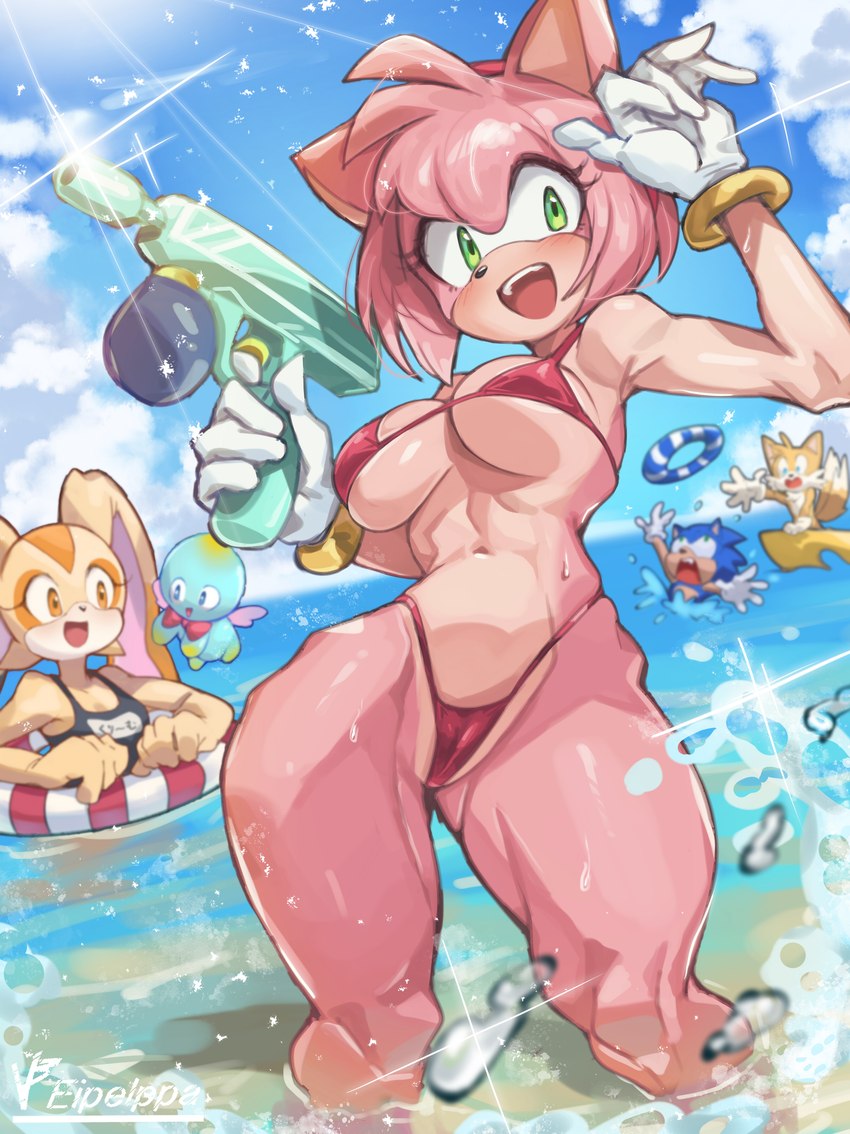 anthro big_breasts bikini biped blue_body blush breasts clothing female female_focus fur gloves green_eyes hair handwear holding_water_gun inflatable inner_tube male navel open_mouth outside partially_submerged pink_body pink_fur pink_hair sea swimwear thick_thighs toy toy_gun two-piece_swimsuit water water_gun white_clothing white_gloves white_handwear wide_hips iepelppa sega sonic_the_hedgehog_(series) amy_rose cream_the_rabbit miles_prower sonic_the_hedgehog chao_(sonic) eulipotyphlan hedgehog lagomorph leporid mammal rabbit absurd_res hi_res