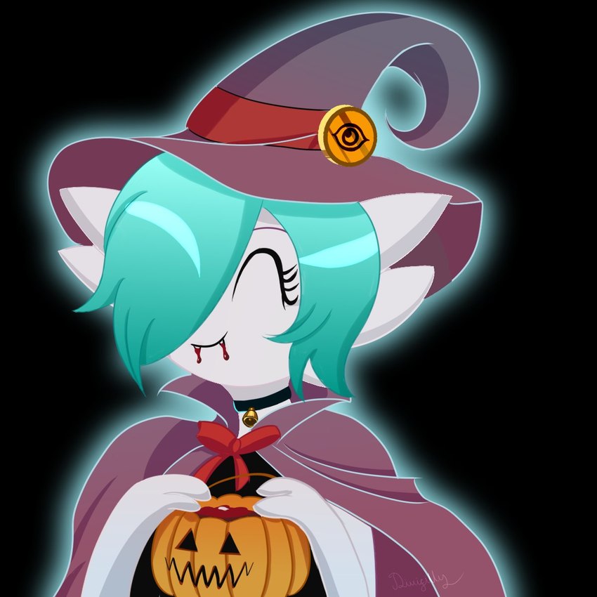 3_fingers ^_^ bell_choker black_background blood bodily_fluids candy_bucket cape clothed clothing eyes_closed fangs feet female fingers hair hat headgear headwear holding_pumpkin holidays jack-o'-lantern not_furry short_hair simple_background smile soles solo teeth turquoise_hair witch_costume witch_hat divifilly halloween nintendo pokemon julienne_(reapcreates831) gardevoir generation_3_pokemon humanoid pokemon_(species) 1:1 hi_res icon