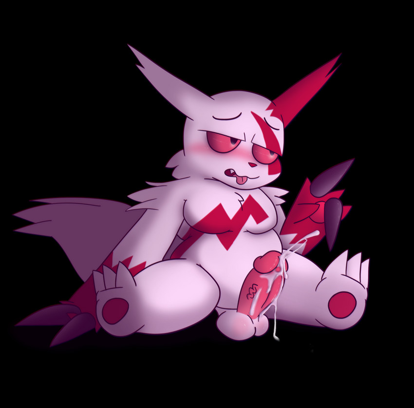 anthro balls blush bodily_fluids cum cum_on_penis ejaculation genital_fluids genitals hands-free humanoid_genitalia humanoid_penis male penis red_sclera simple_background sitting slightly_chubby solo tail tongue tongue_out transparent_background fuzefurry nintendo pokemon generation_3_pokemon pokemon_(species) zangoose absurd_res alpha_channel hi_res