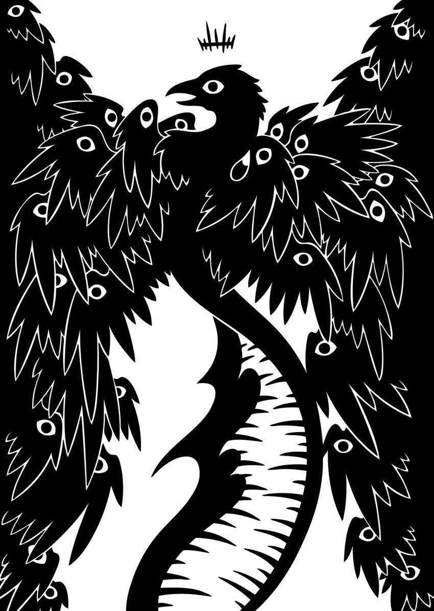 ambiguous_gender beak eyes_on_wings feather_tuft feathered_wings feathers feral flying halo head_turned multi_wing open_beak open_mouth silhouette simple_background solo spiked_halo spread_wings tuft unusual_anatomy unusual_eye_placement unusual_wings white_background wings sunnyclockwork welcome_to_night_vale avian bird 2015 black_and_white digital_drawing_(artwork) digital_media_(artwork) hi_res monochrome