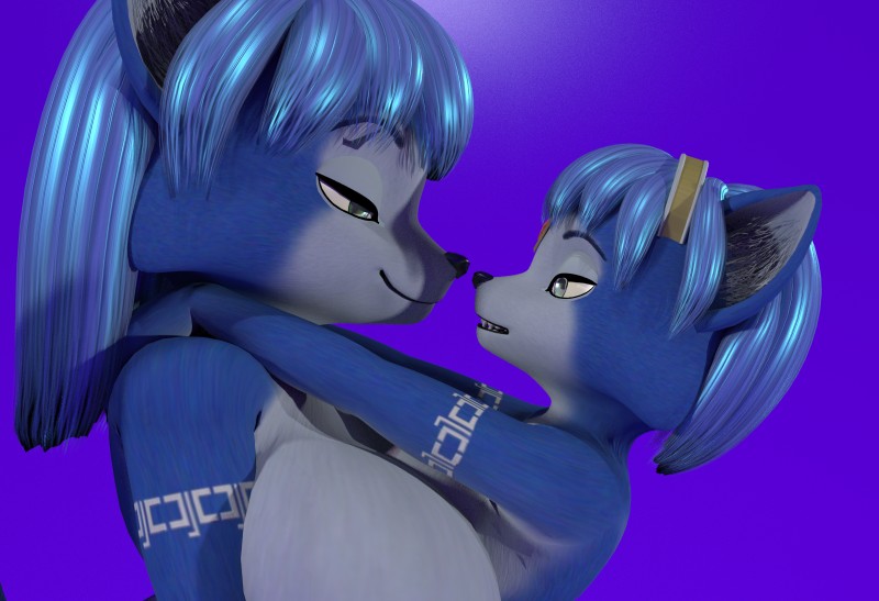 anthro big_breasts black_nose blue_body blue_fur blue_hair breasts duo female female/female fur green_eyes hair nude selfcest simple_background size_difference smile square_crossover white_body white_fur themeshow101 nintendo star_fox krystal_(charleyfox) krystal_(star_fox) canid canine fox mammal 2018 3d_(artwork) digital_media_(artwork) hi_res incest_(lore)