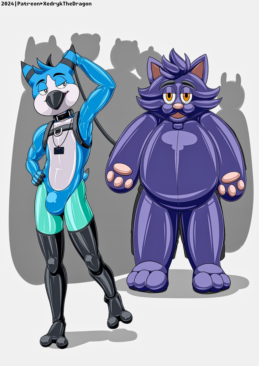 after_transformation ambiguous_gender anthro bound clothing duo_focus encasement group handwear harness latex male male/ambiguous mascot mittens null null_bulge suit xedrykthedragon mittens_(panapoliz) owy_(character) avian bird absurd_res hi_res