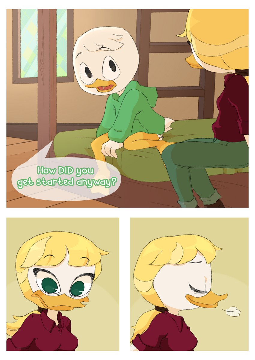 bed bedroom dialogue furniture threek disney ducktales ducktales_(2017) goldie_o'gilt louie_duck anatid anseriform avian bird duck absurd_res comic hi_res