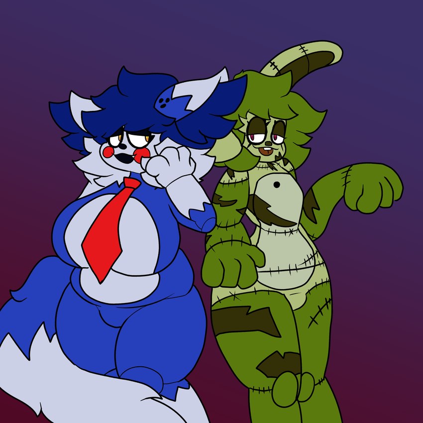 anthro big_breasts blue_body blue_hair breasts cosplay crossover_cosplay duo female green_body green_hair hair multicolored_body narrowed_eyes red_eyes thick_thighs white_body yellow_eyes chibitay fazbear_fanverse five_nights_at_candy's five_nights_at_freddy's five_nights_at_freddy's_3 scottgames biscuit_(chibitay) candy_(fnac) chibi_(chibitay) springtrap_(fnaf) domestic_cat felid feline felis lagomorph leporid mammal rabbit translop translynx 1:1 absurd_res crossover hi_res