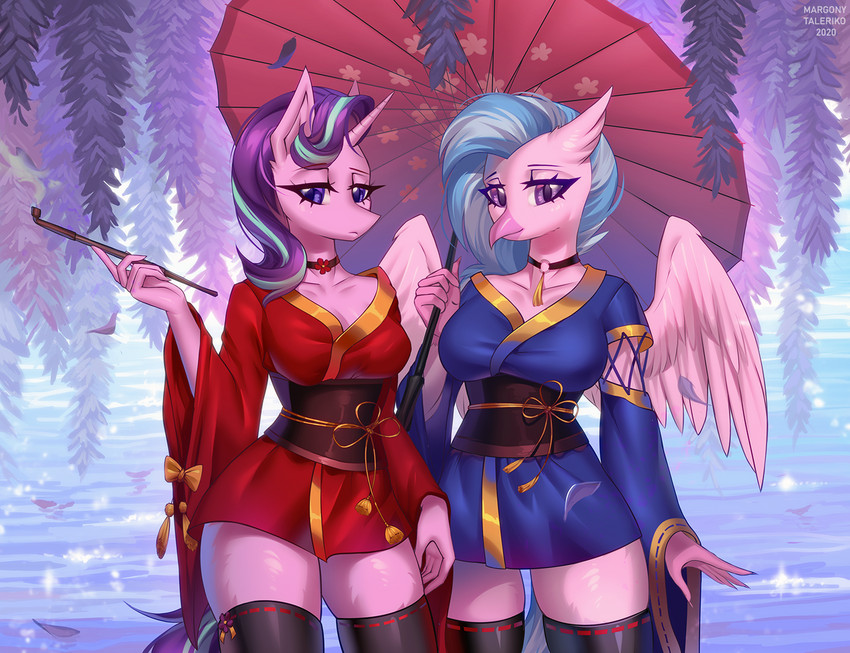 anthro blue_hair breasts clothed clothing day detailed_background duo feathered_wings feathers female hair holding_object horn outside purple_eyes purple_hair wings margony european_mythology friendship_is_magic greek_mythology hasbro my_little_pony mythology silverstream_(mlp) starlight_glimmer_(mlp) avian equid equine hippogriff mammal mythological_avian mythological_creature mythological_equine unicorn digital_media_(artwork) shaded