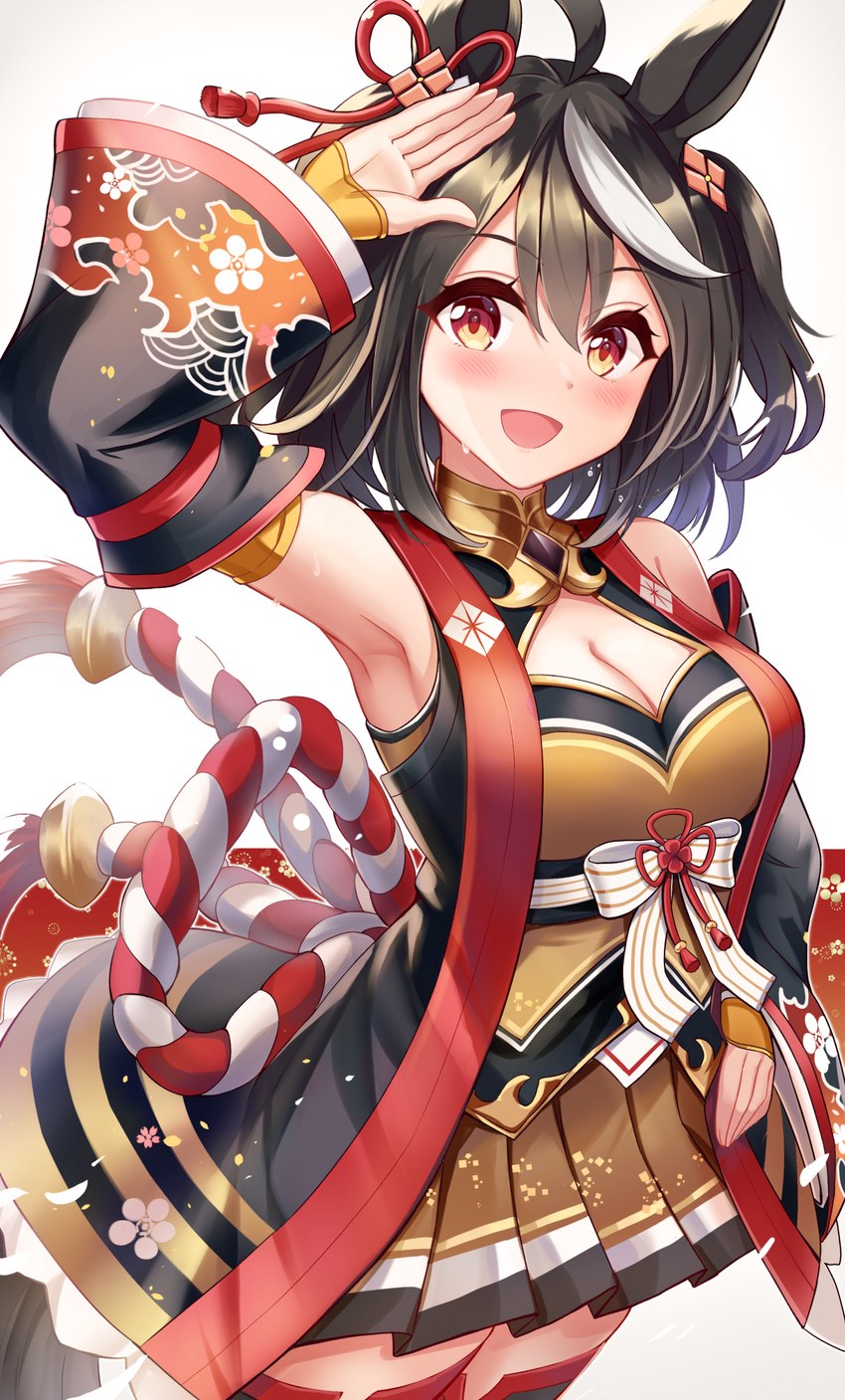 armwear black_hair blush breasts cleavage clothed clothing detached_sleeves dress female hair open_mouth solo sakura_ani cygames uma_musume_pretty_derby kitasan_black_(pretty_derby) animal_humanoid equid equid_humanoid equine equine_humanoid horse_humanoid humanoid mammal mammal_humanoid hi_res